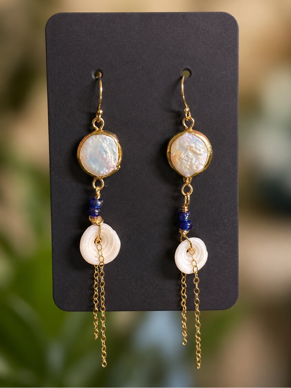 Gold-Plated Mother of Pearl & Shell Drop Earrings with Blue Accents